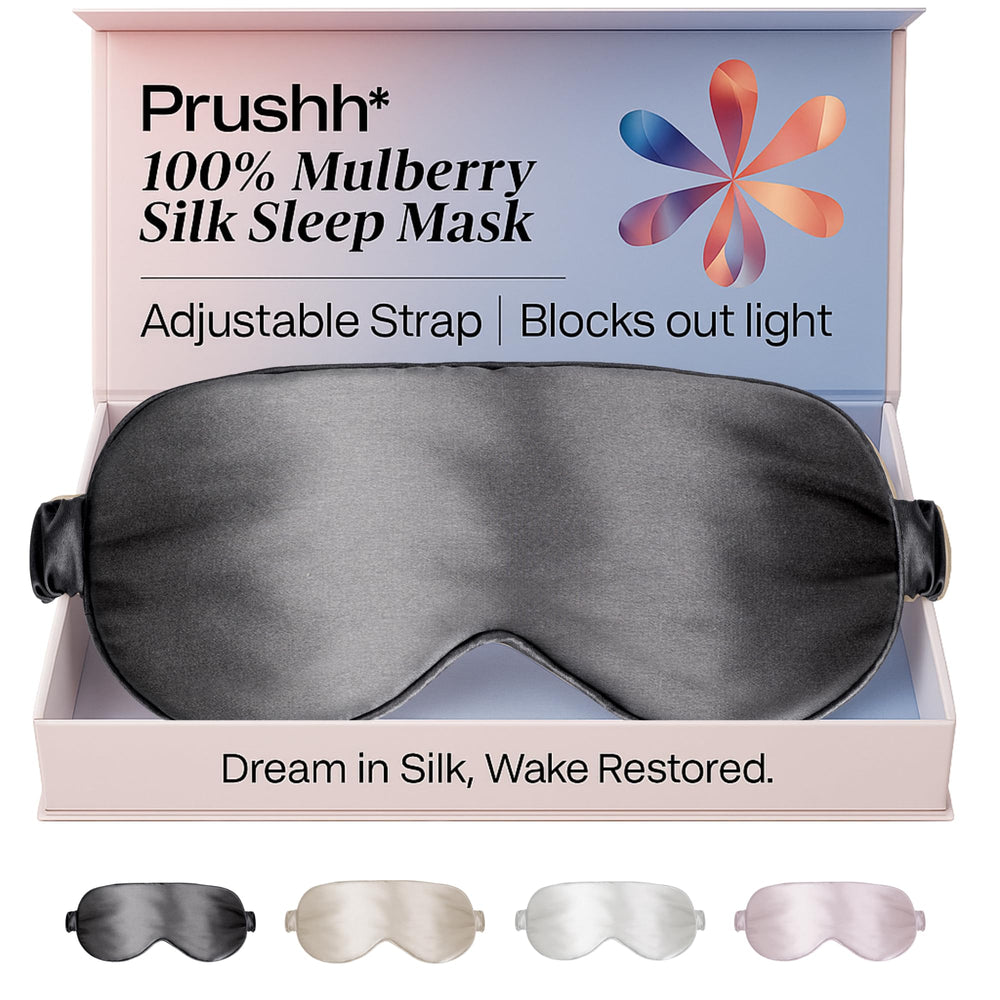 Prushh adjustable blackout silk sleep mask front view for uninterrupted rest