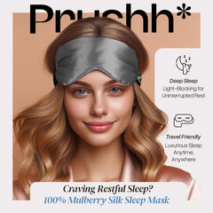 Prushh charcoal grey silk sleep mask with hidden strap ensuring a secure fit