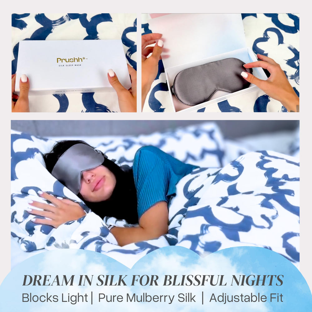 Prushh gift-ready charcoal grey silk sleep mask in elegant packaging