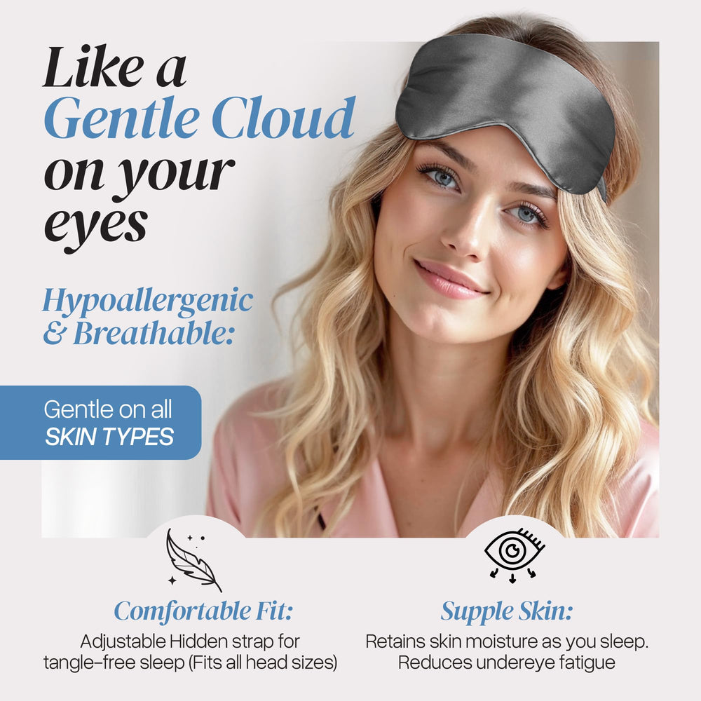 Prushh silk sleep mask shown in full blackout mode for dark environments