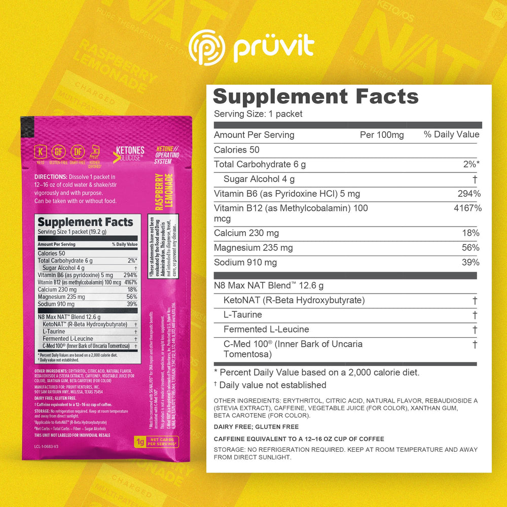 Dissolving PRÜVIT Keto//OS NAT Raspberry Lemonade in cold water for a refreshing electrolyte drink.