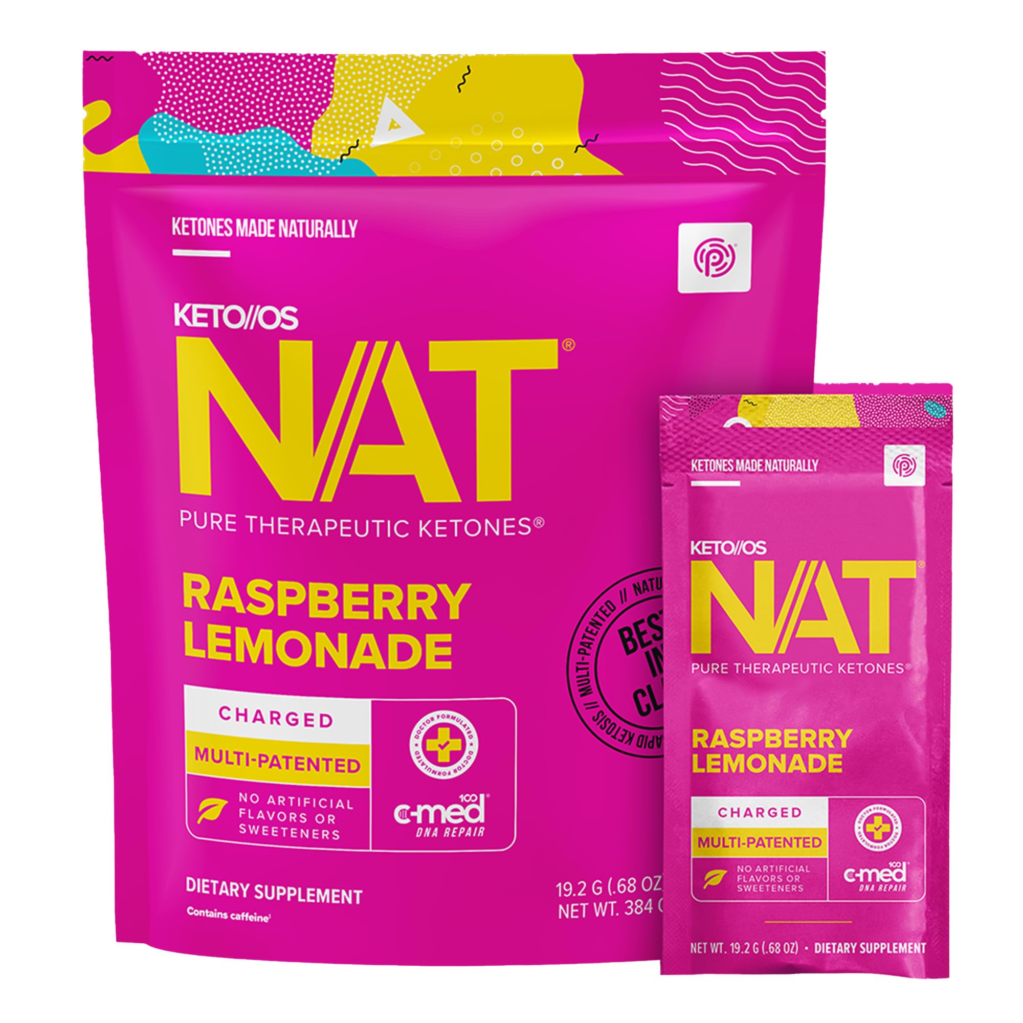PRÜVIT Keto//OS NAT Raspberry Lemonade Charge packet ready to mix for quick hydration.