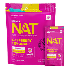 PRÜVIT Keto//OS NAT Raspberry Lemonade Charge packet ready to mix for quick hydration.