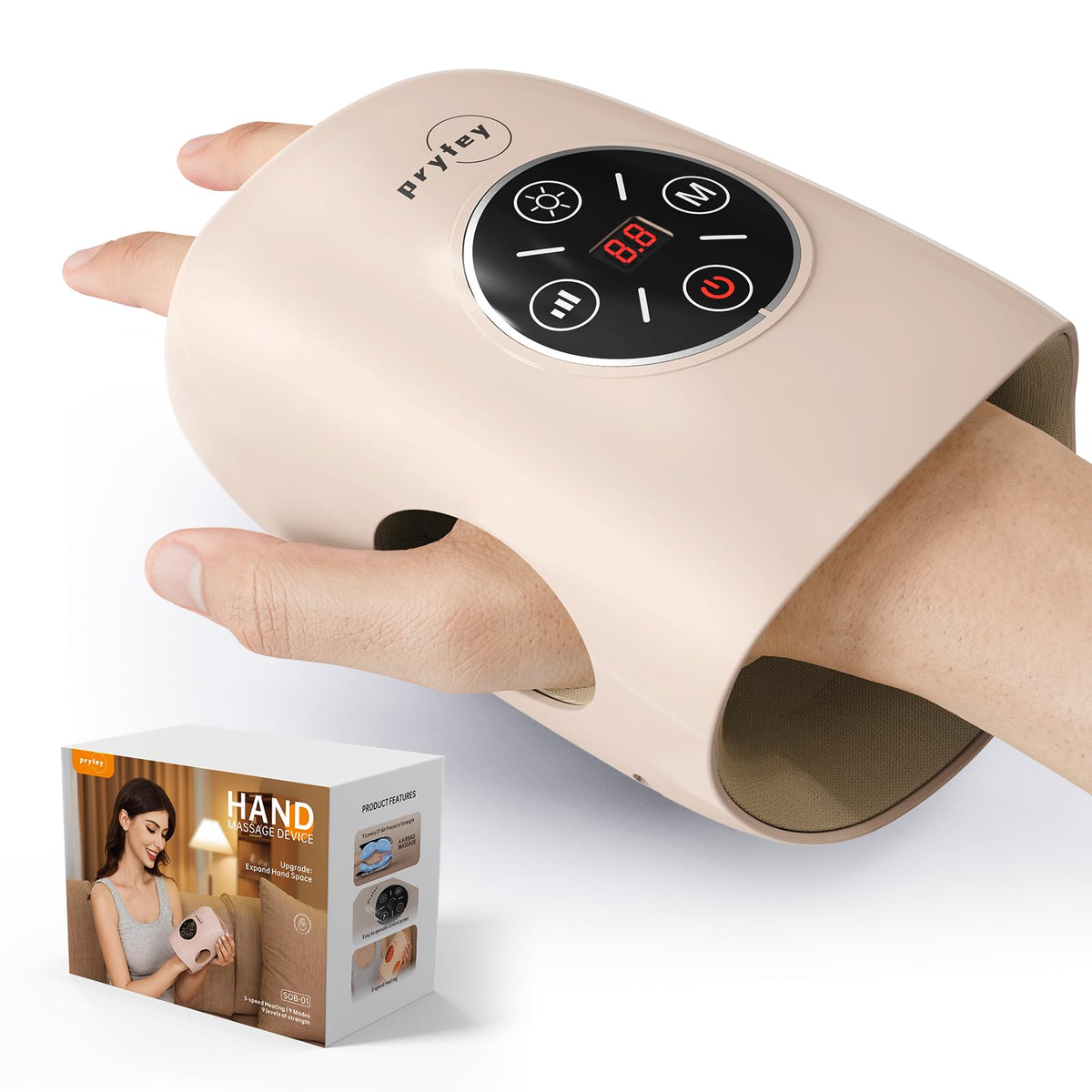 Pryfey hand massager showing nine modes for customizable relaxation