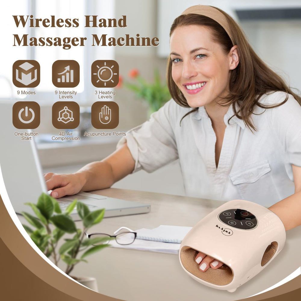 Pryfey cordless hand massager in use on a desk for workplace relief