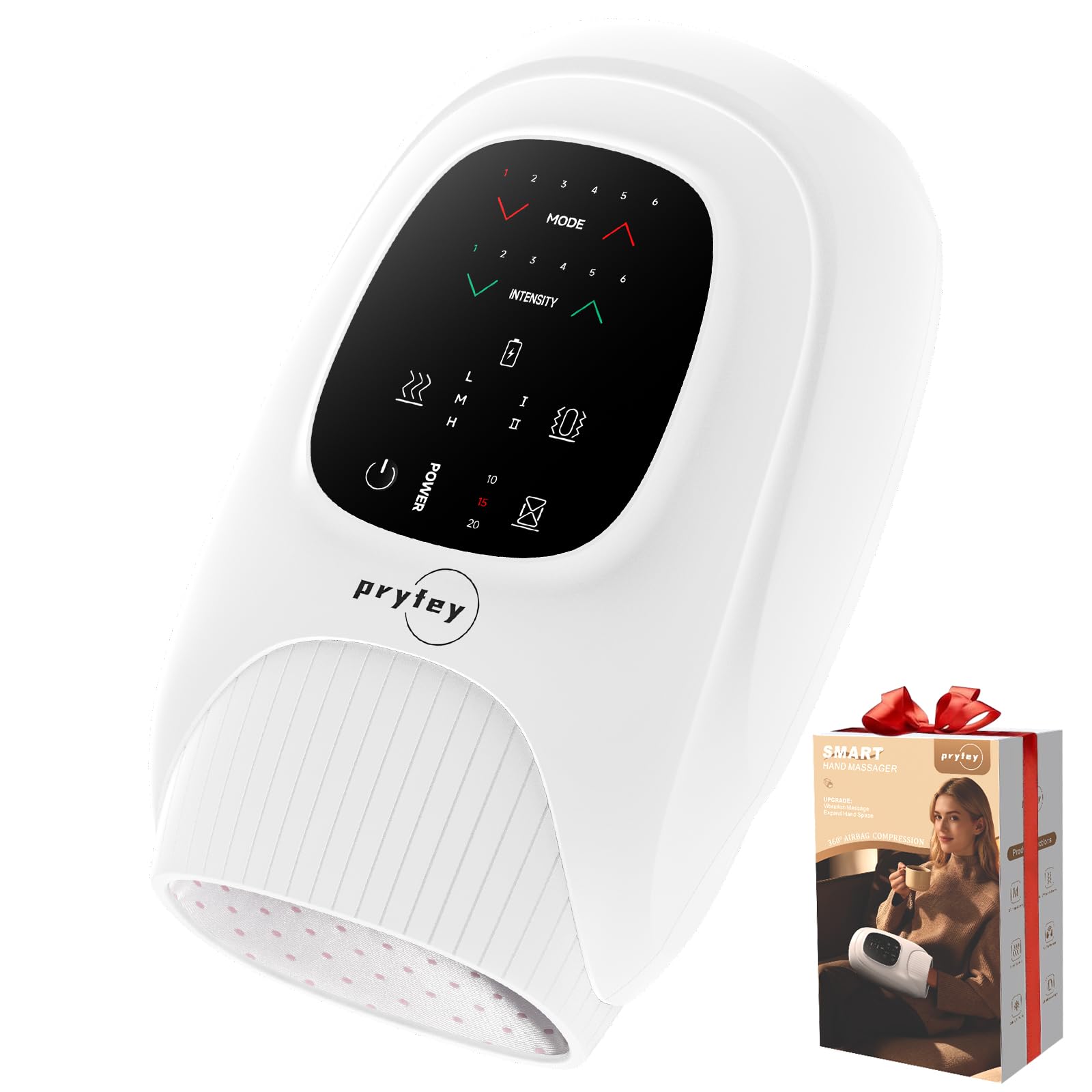 Pryfey hand massager with heat, front view, supports comfort after long tasks.