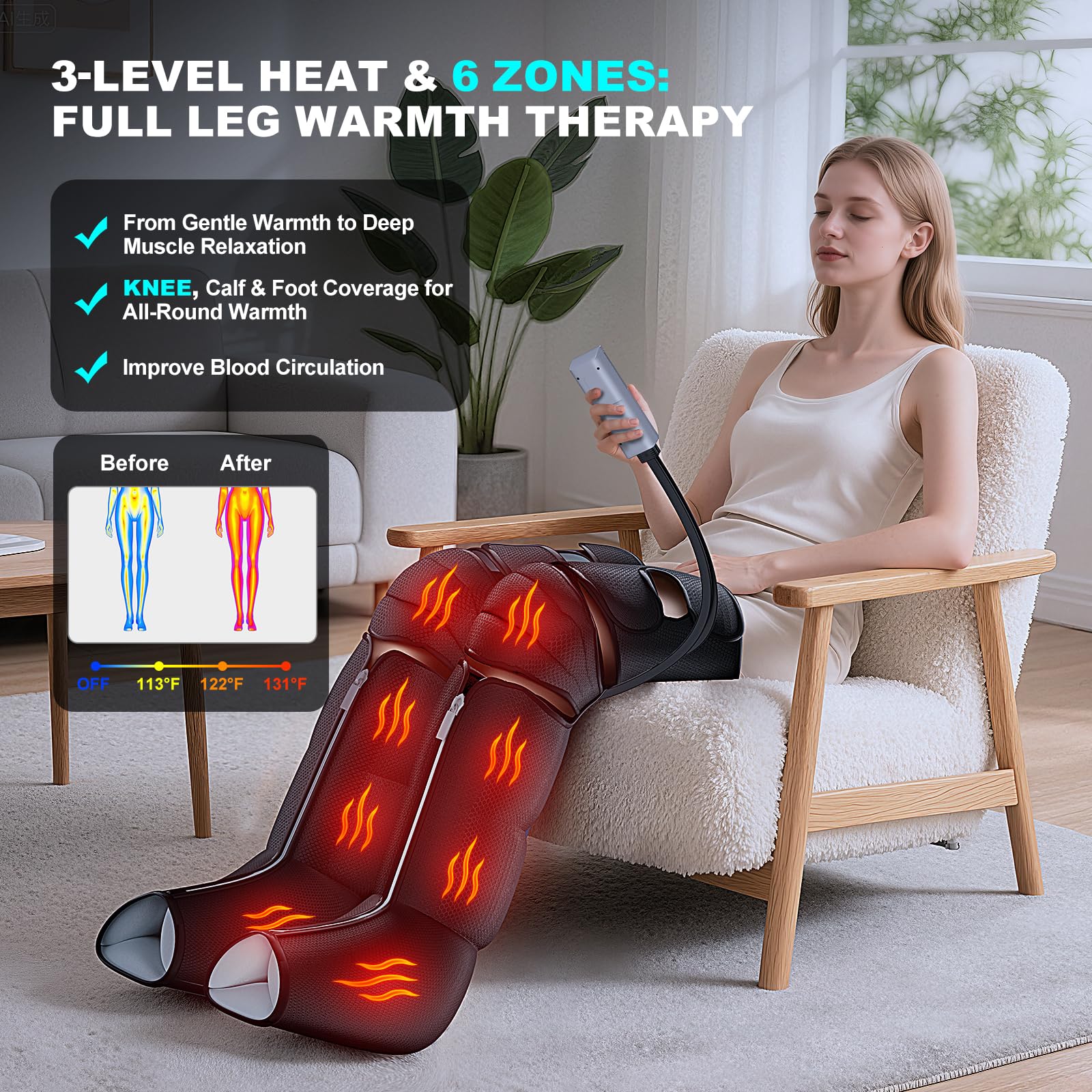 Pryfey leg massager six-zone heating targets knees to feet.