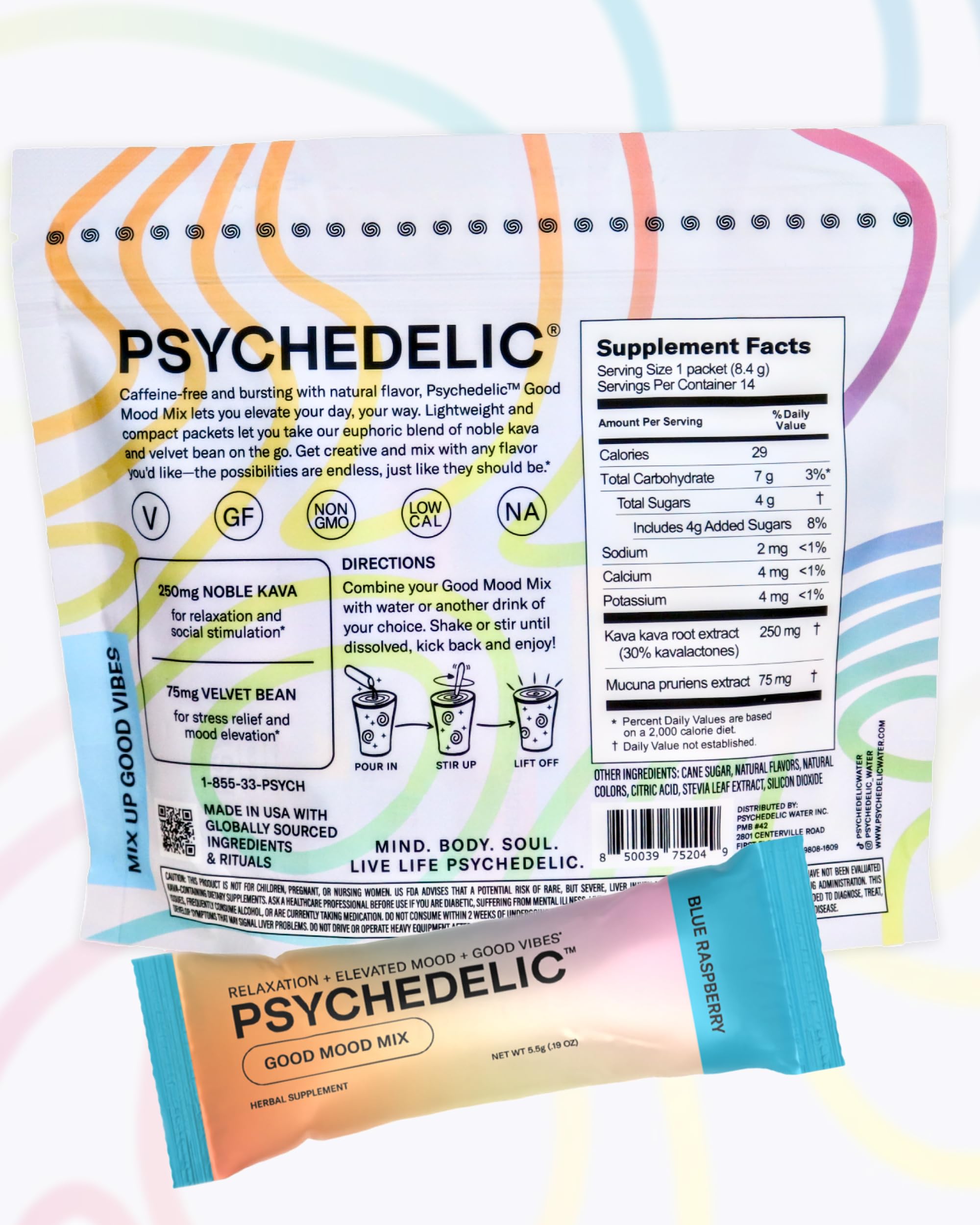 Psychedelic Water caffeine-free nighttime kava packet for restful post-dinner unwind