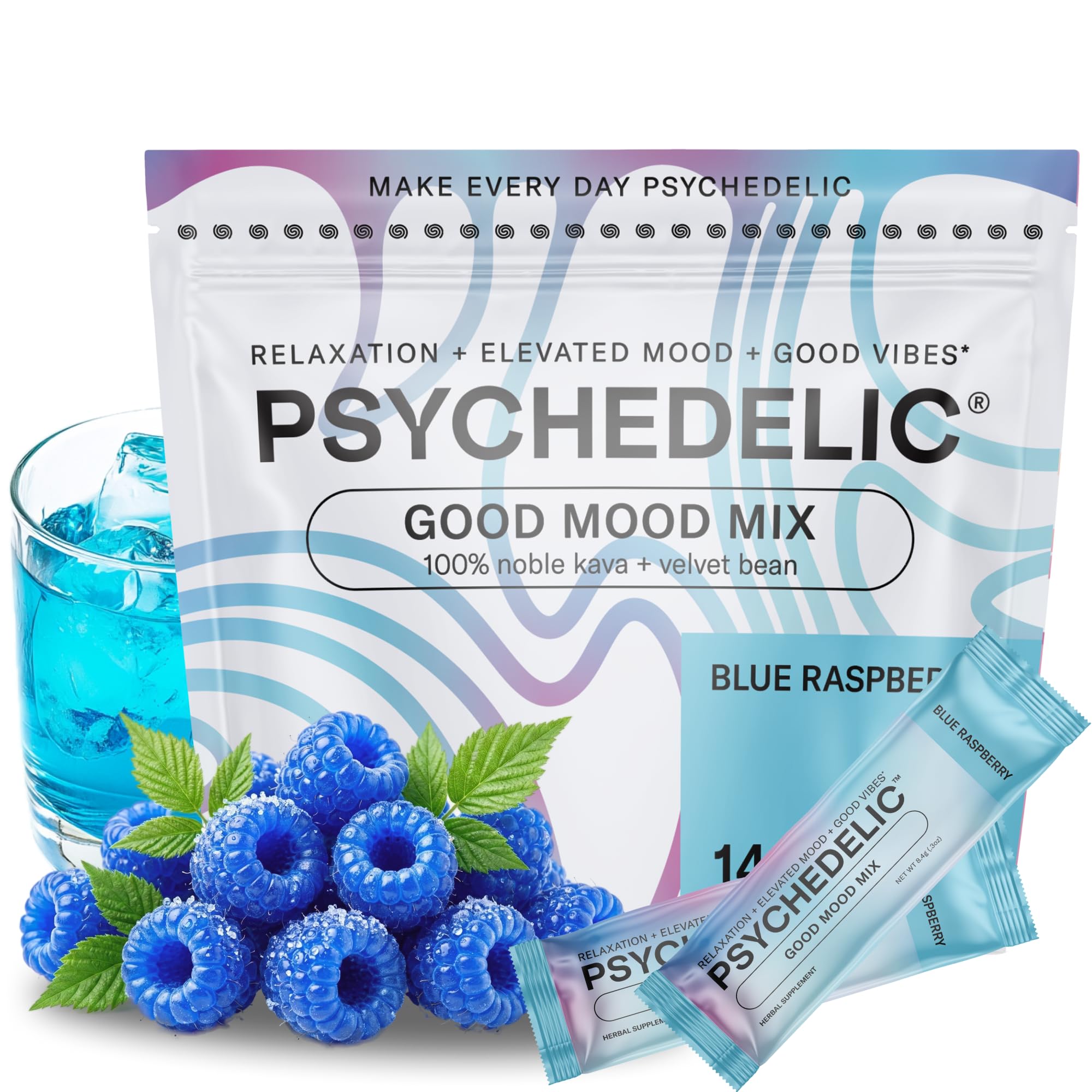Psychedelic Water calming kava drink with blue raspberry packet ready to mix for relaxing evenings