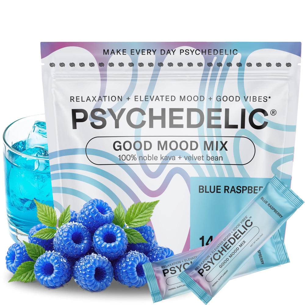 Psychedelic Water calming kava drink with blue raspberry packet ready to mix for relaxing evenings