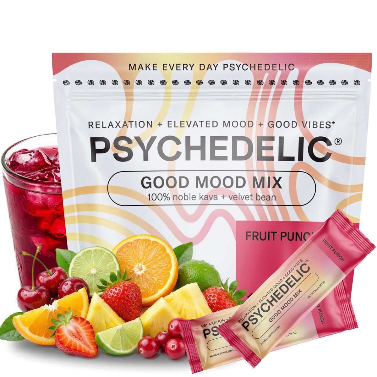 Psychedelic Water Good Mood Mix fruit punch packet front for easy on-the-go calming.