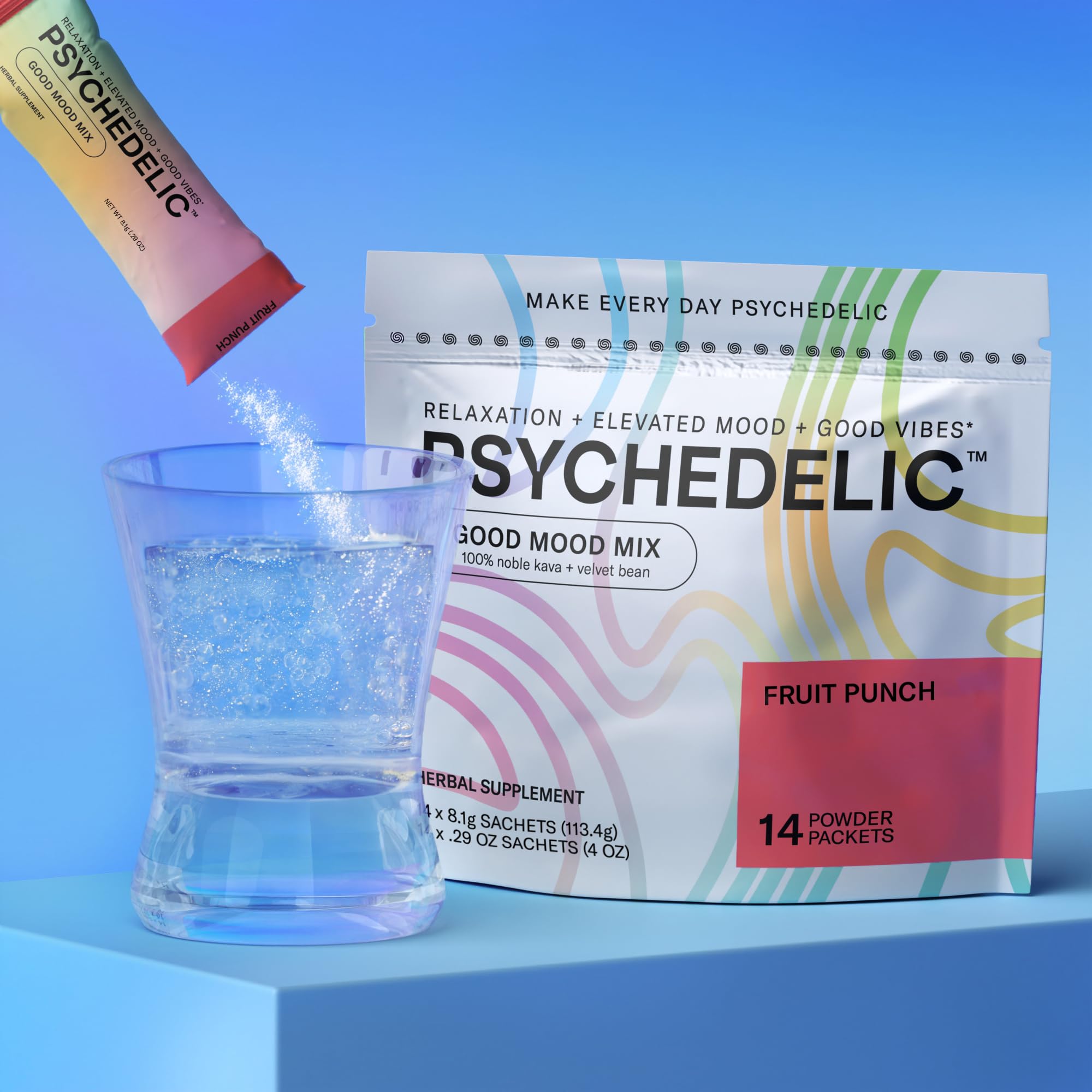 Psychedelic Water Kava root powder bag with scoop for calm relaxation.