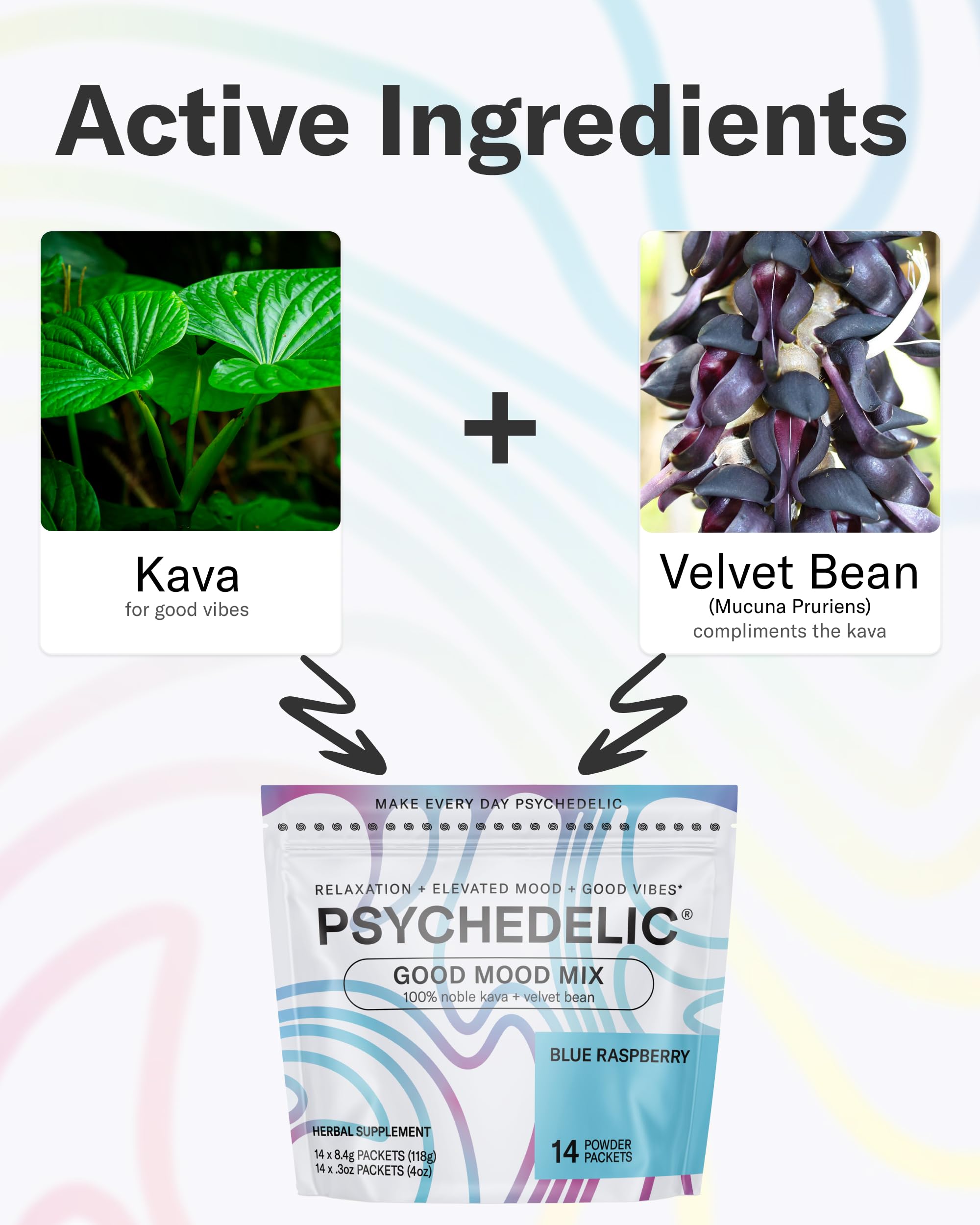 Psychedelic Water velvet bean kava packet highlighting mood-enhancing blend for evening wind-down