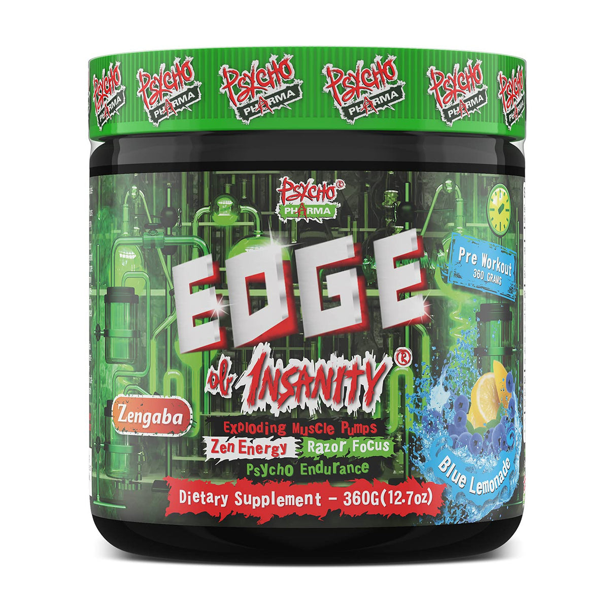 Psycho Pharma Edge of Insanity bottle on gym setup signaling intense energy.