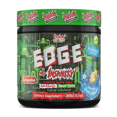 Psycho Pharma Edge of Insanity bottle on gym setup signaling intense energy.