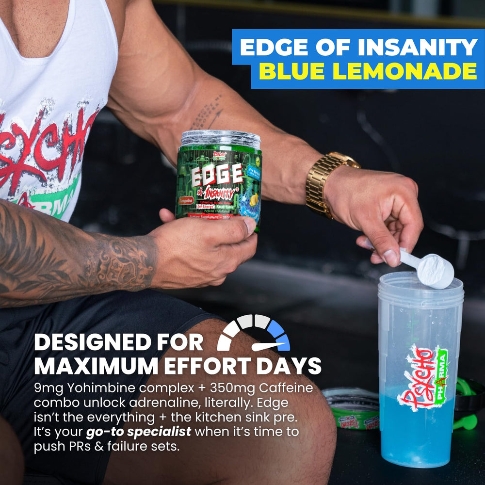 Psycho Pharma Edge of Insanity preworkout ready for high-stim session.