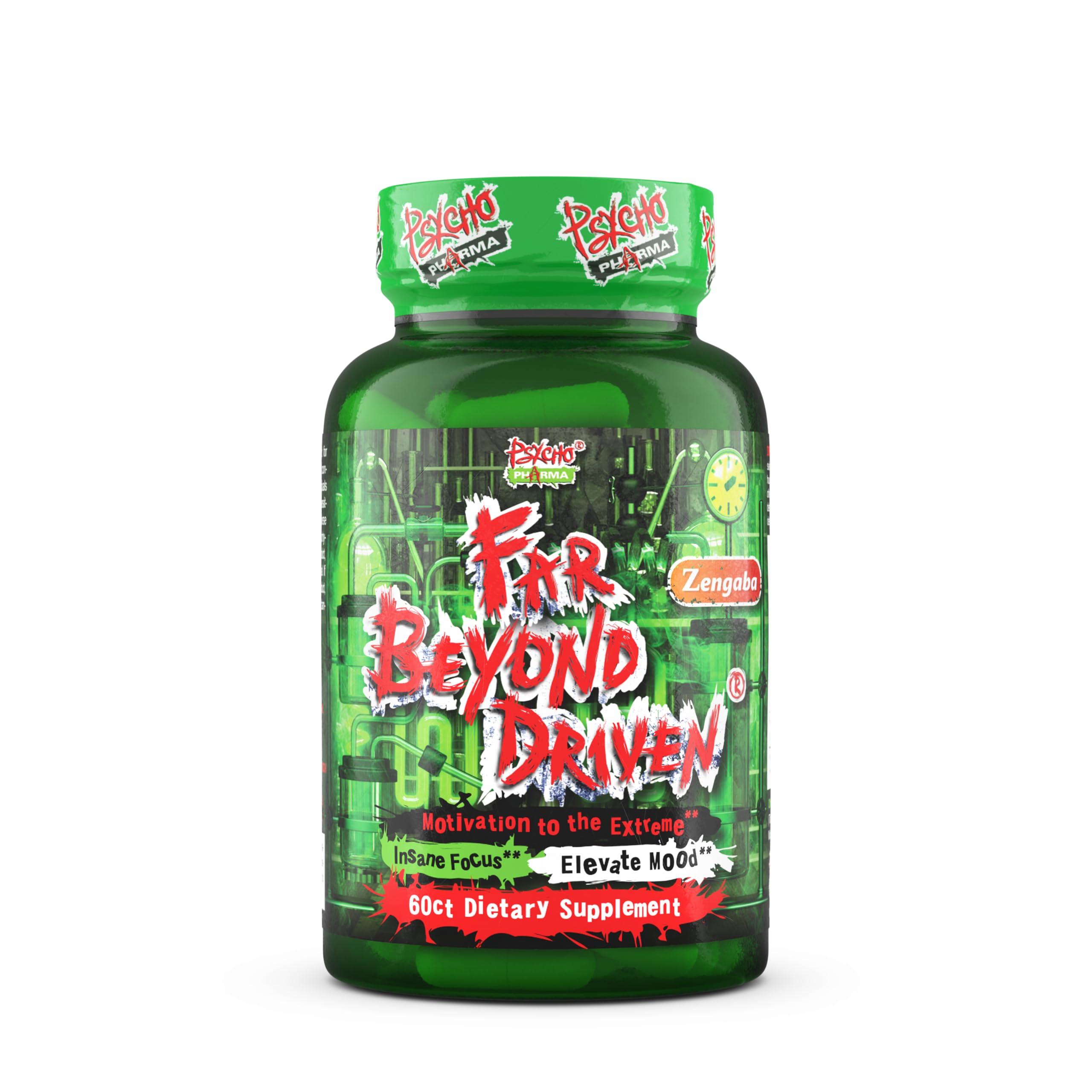 Psycho Pharma Far Beyond Driven bottle closeup for on-the-go energy and focus