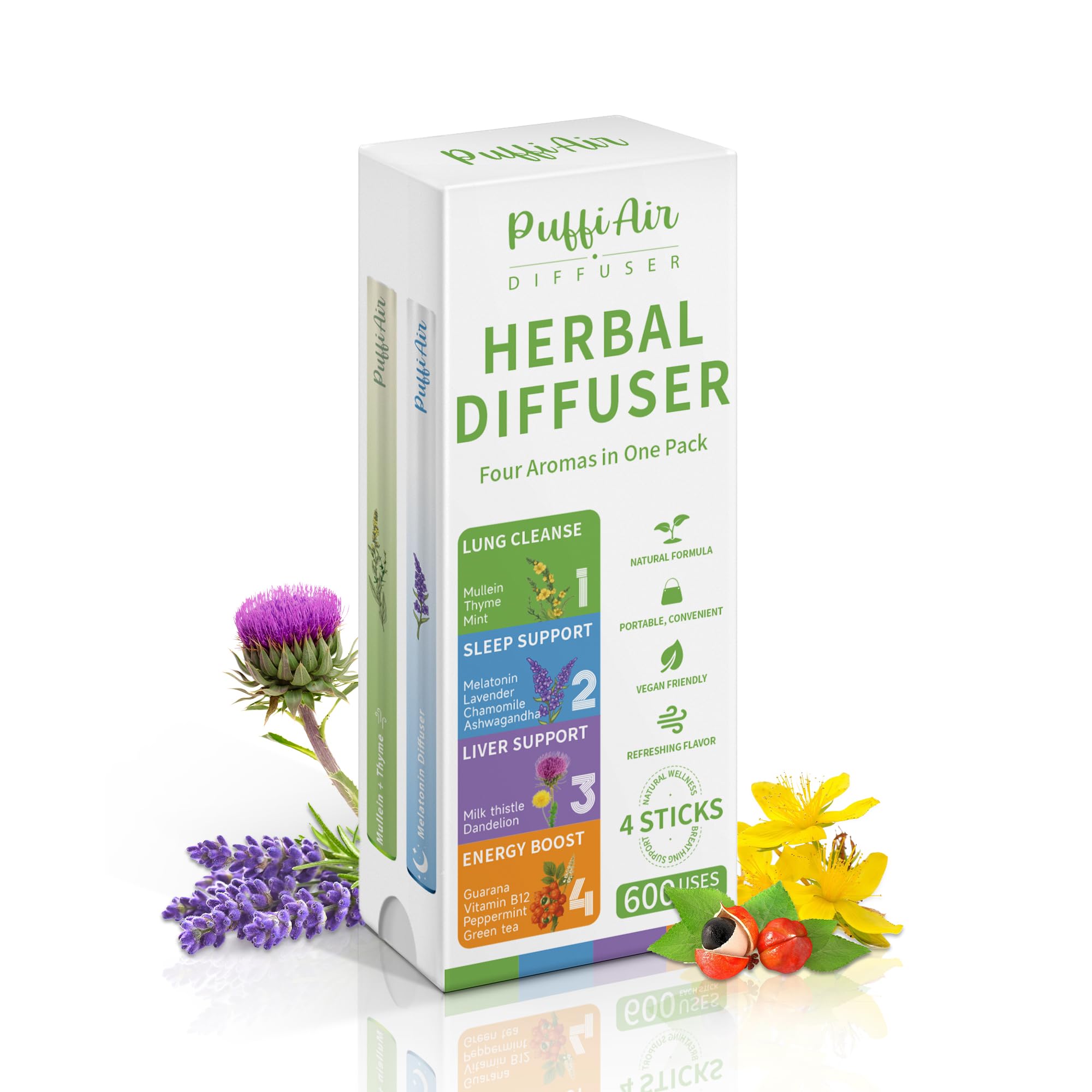 PUFFIAIR Complete Harmony green diffuser pen on a desk for energizing daytime routines.