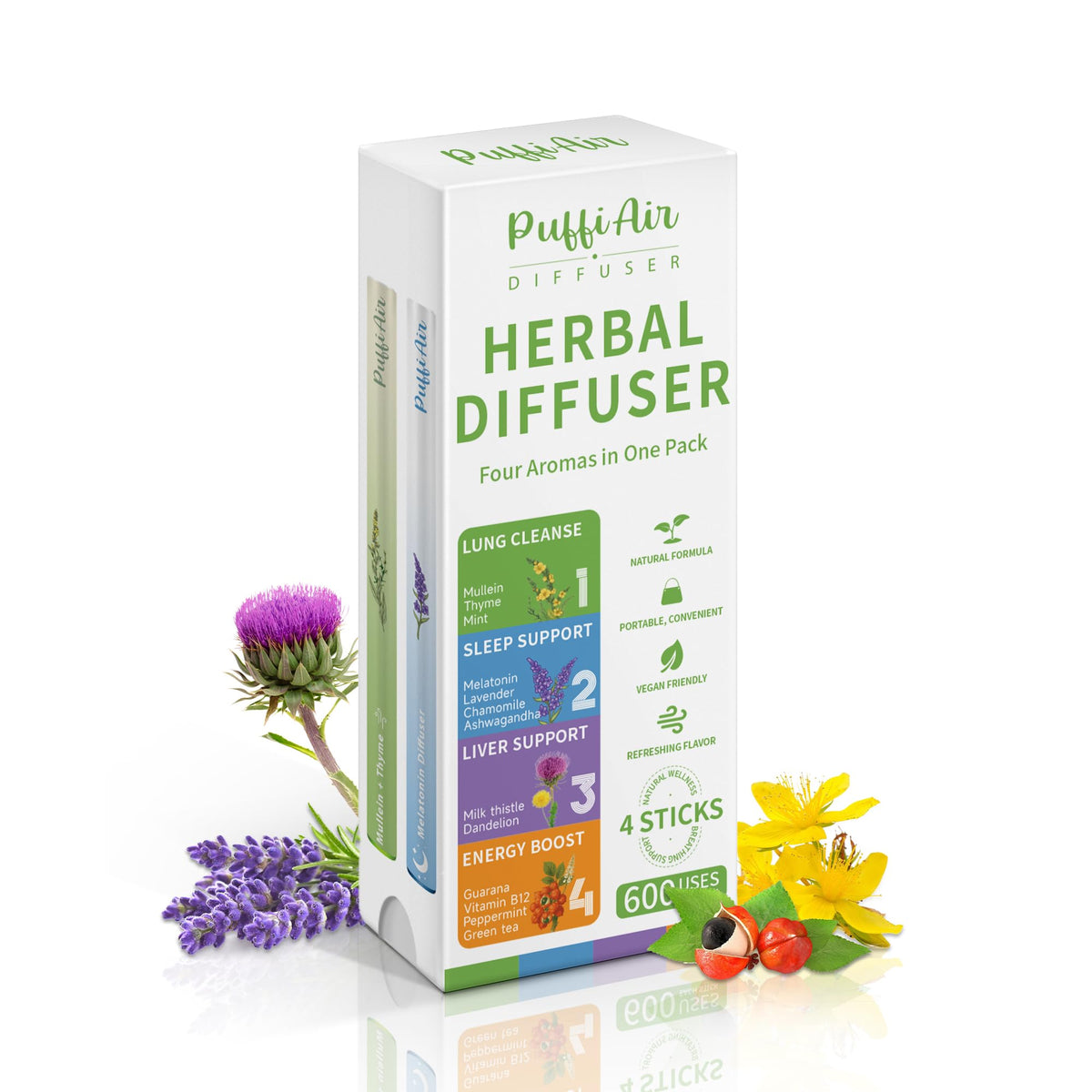 PUFFIAIR Complete Harmony green diffuser pen on a desk for energizing daytime routines.
