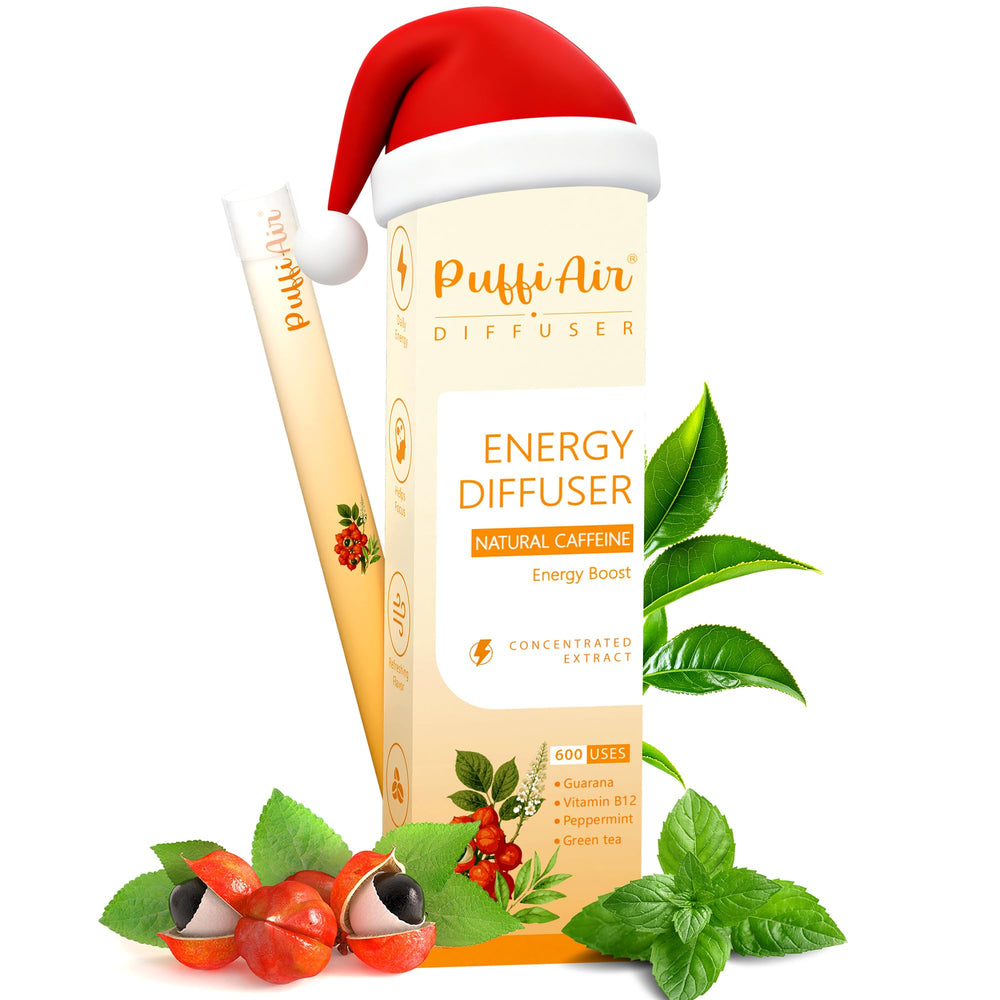 Puffiair energy diffuser pen packaging highlights on-the-go energy convenience.