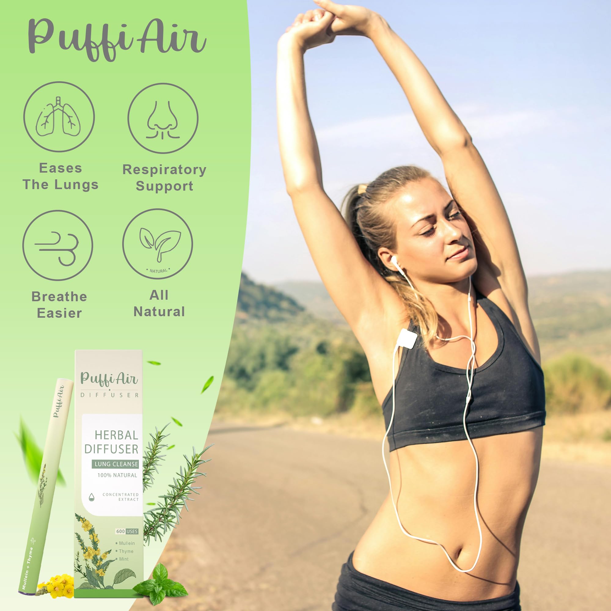 PUFFIAIR packaging showing two complementary blends for daily routines.