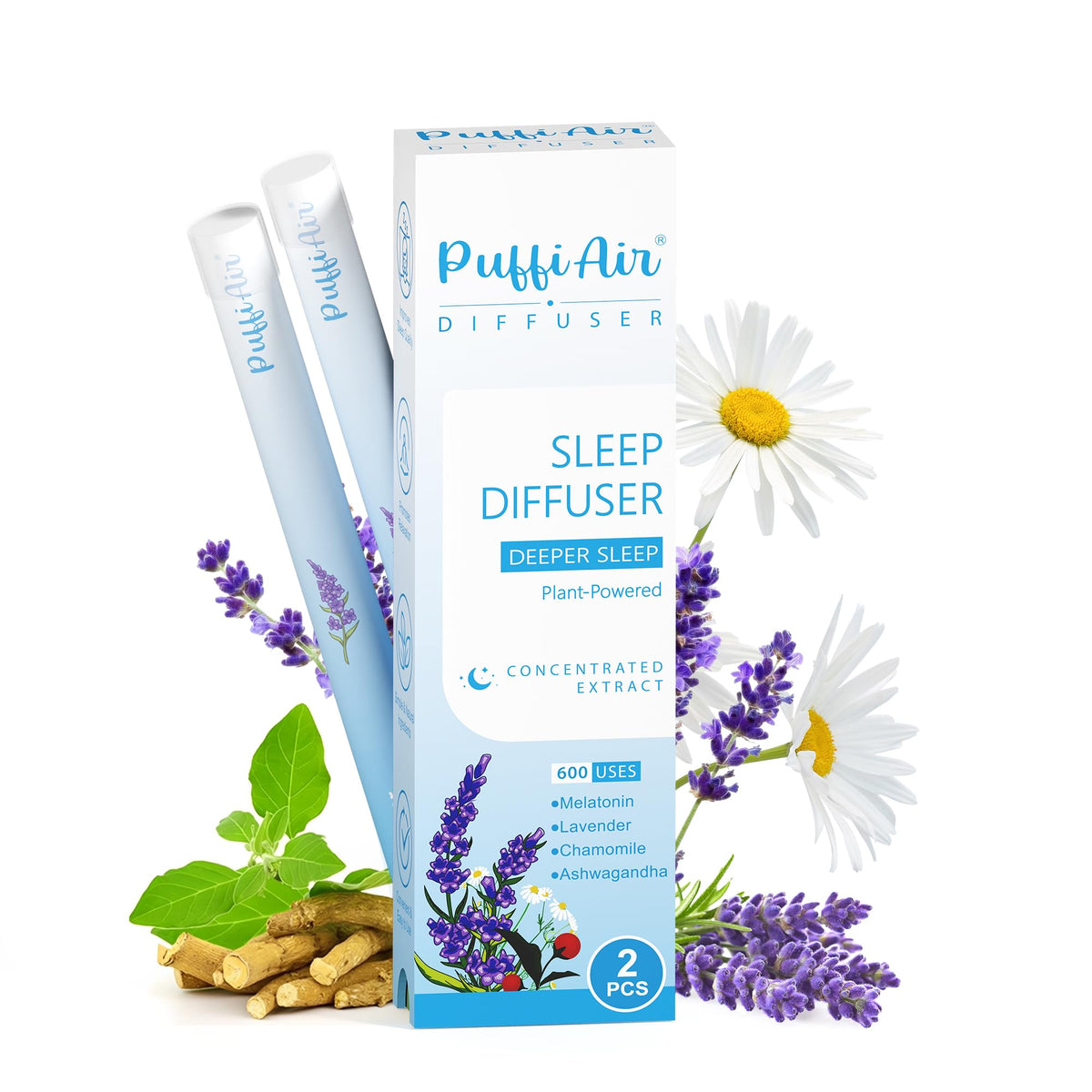PUFFIAIR Herbal Anxiety Pen close-up with lavender and chamomile for calm routines
