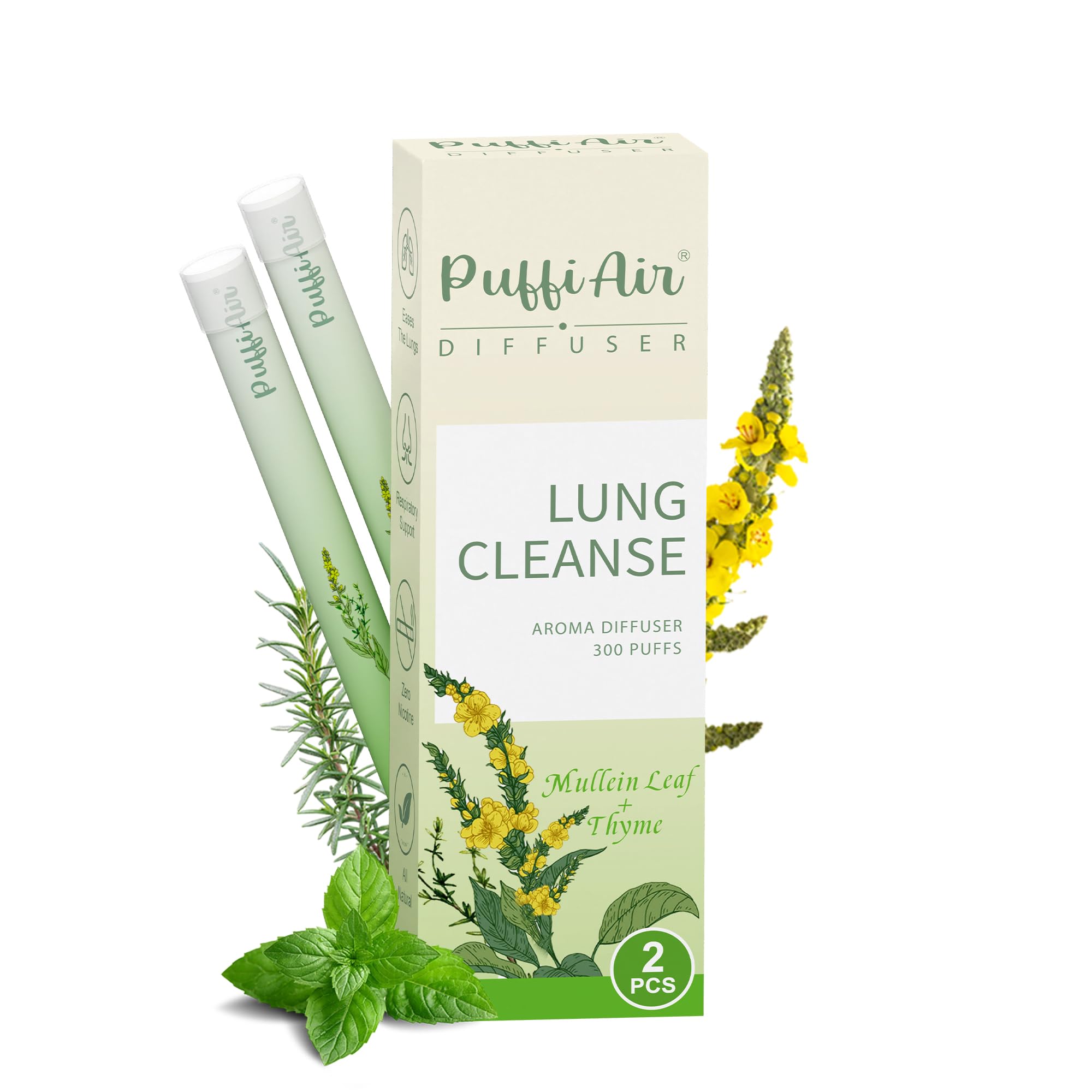 PUFFIAIR herbal diffuser pen with mullein-thyme-mint blend for breathing refreshment