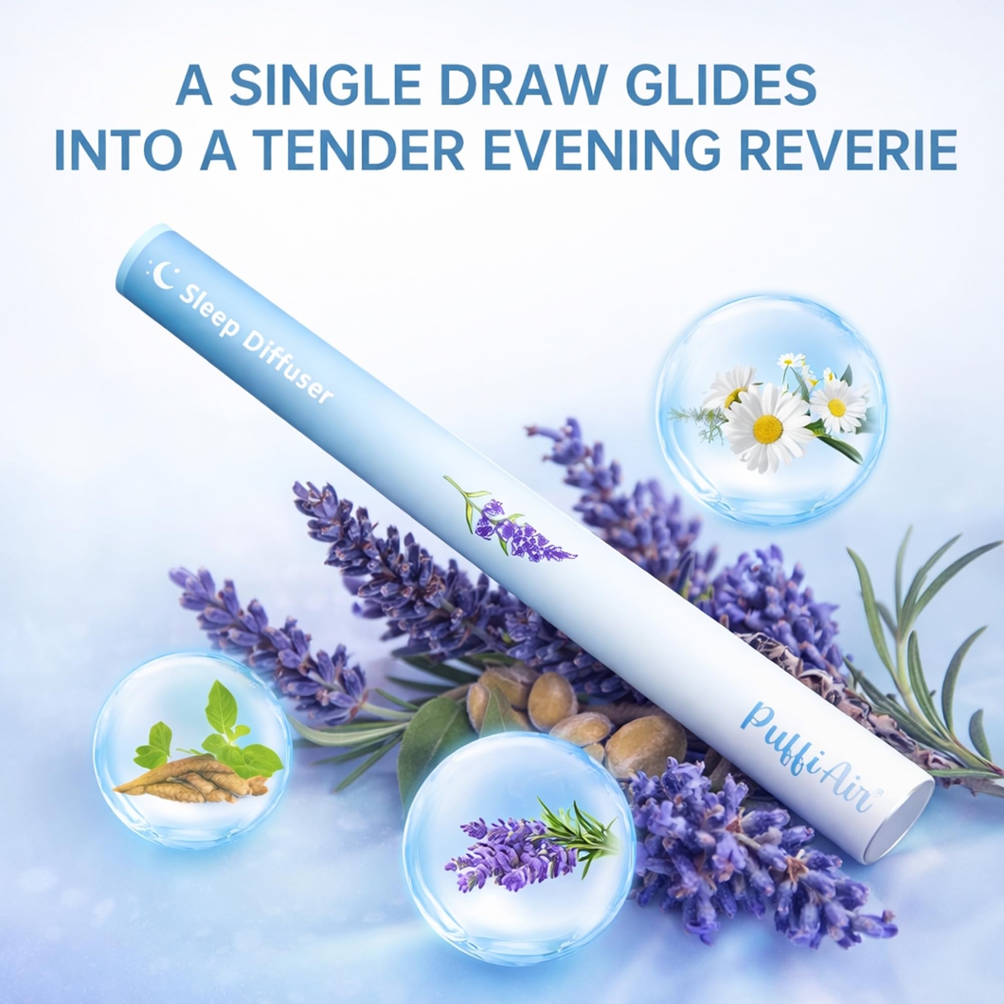 PUFFIAIR melatonin diffuser tip showing quick relaxation opportunities.