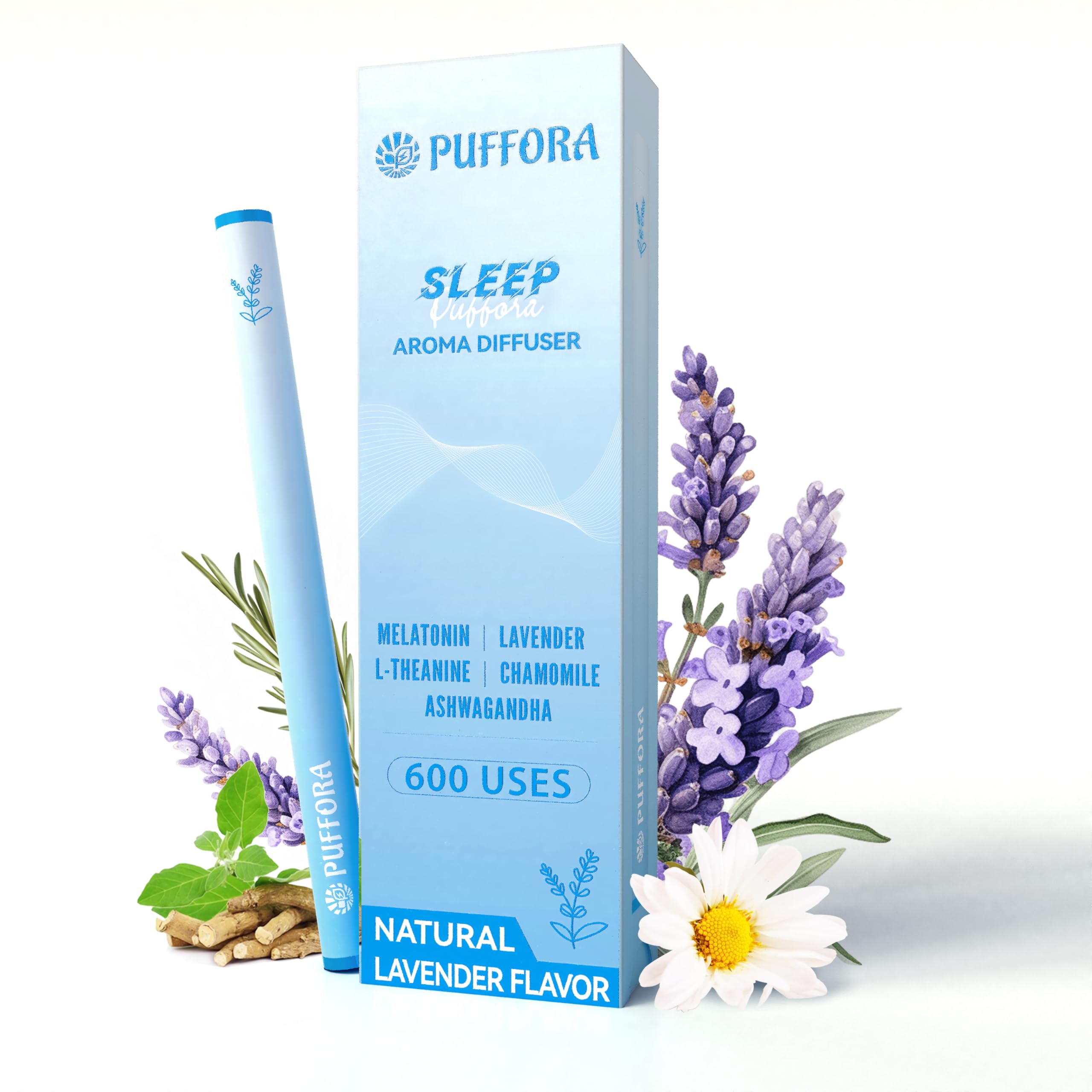 Puffora Melatonin Diffuser Pen shown with compact cap and soft aroma.
