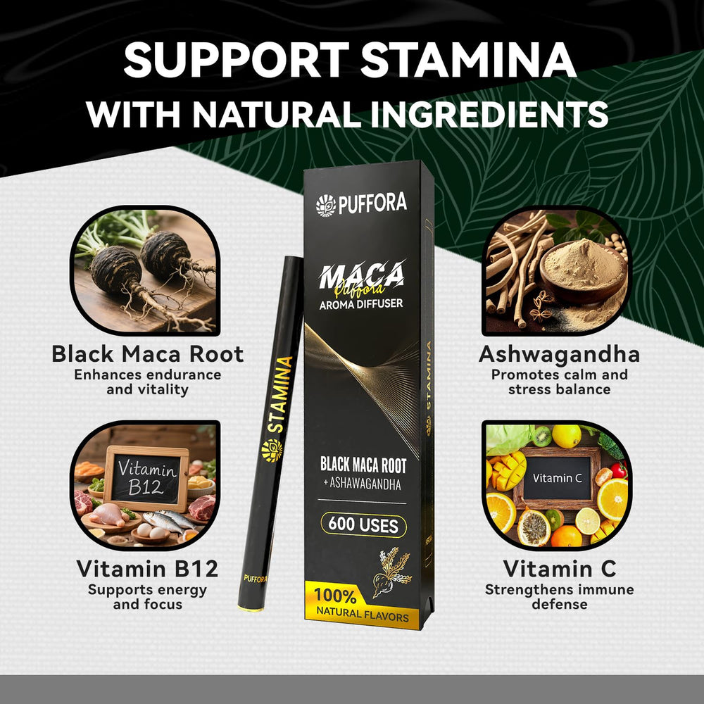 Puffora Herbal Diffuser Pen highlights plant-based ingredients for a natural boost.