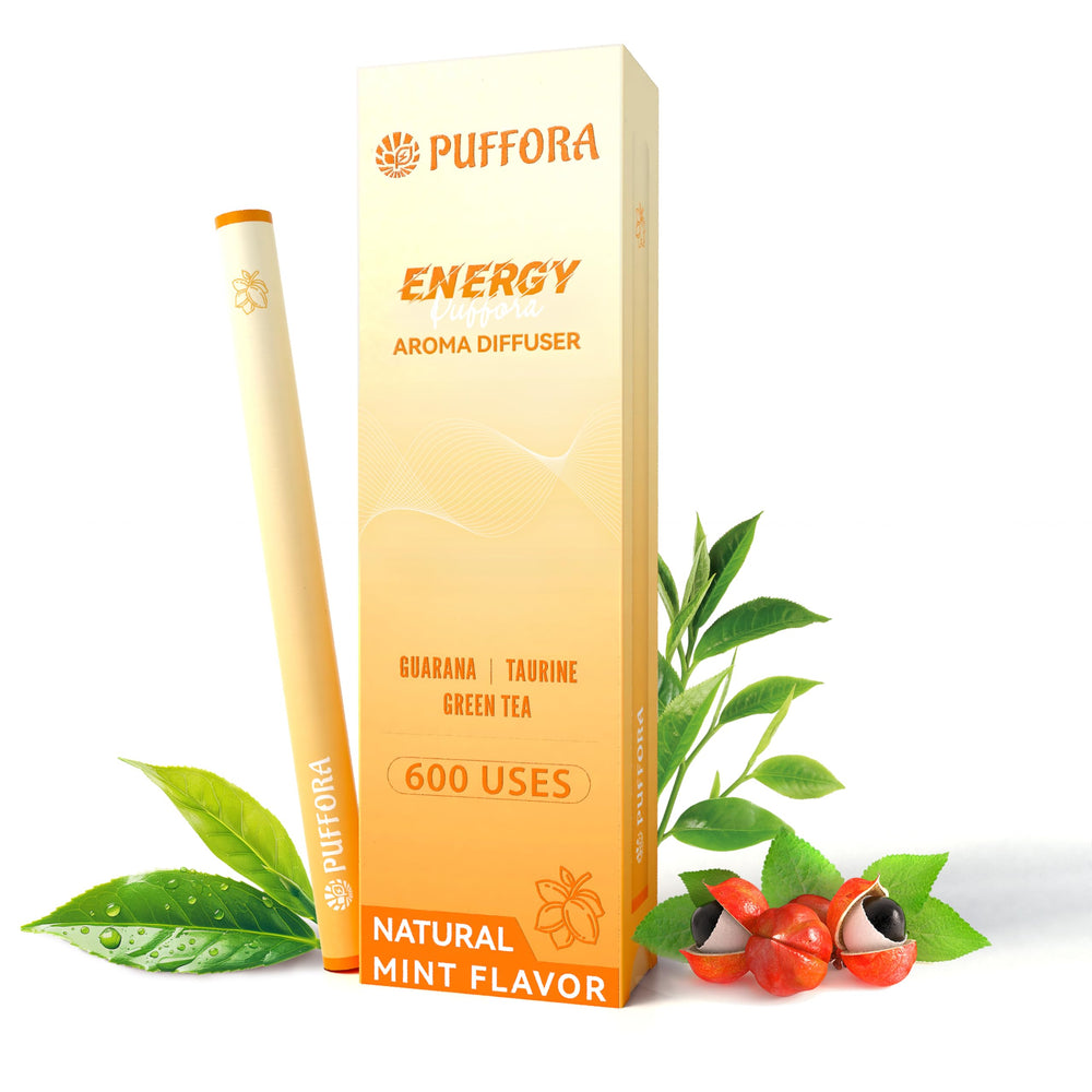 Puffora Energy Diffuser Pen aesthetic shot with soft lighting.