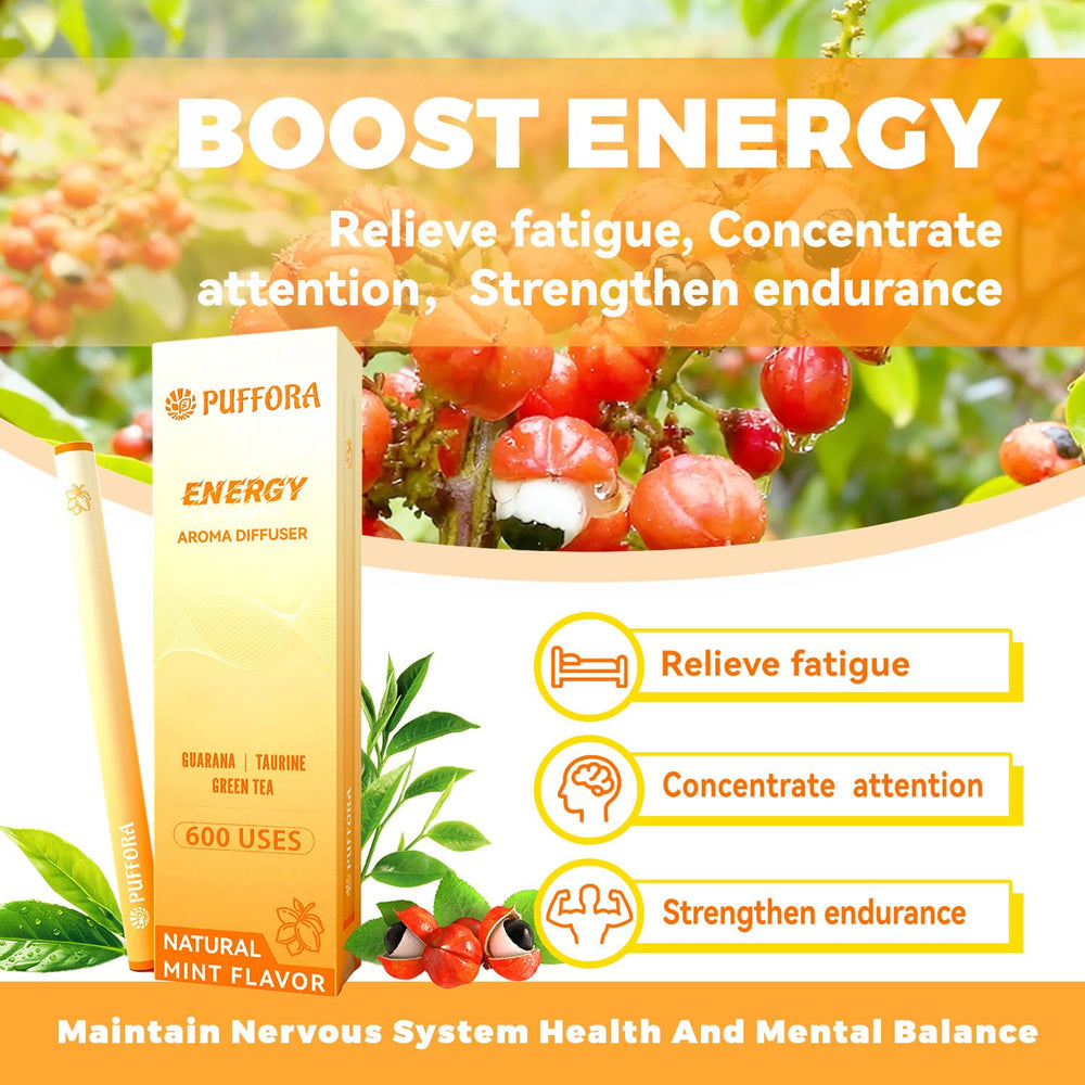 Puffora Energy Diffuser Pen guarana close-up boosts alertness naturally.