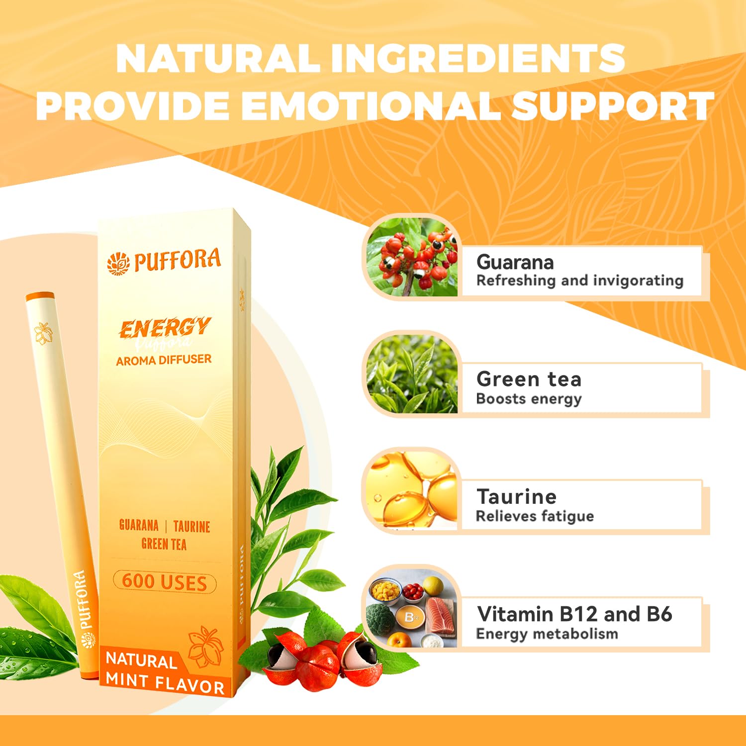 Puffora Energy Diffuser Pen taurine detail highlighting energy support.