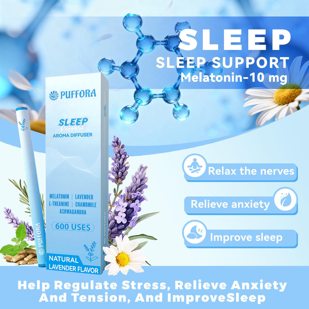 Puffora Melatonin Diffuser Pen Lavender-Chamomile blend promotes calm evenings.
