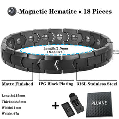 PUJANE bracelet close-up showing 18 energy magnets and hematite beads for balance