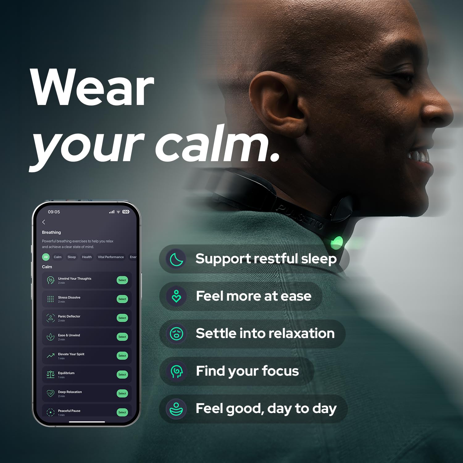Pulsetto app interface with session controls for personalized relaxation and progress tracking.
