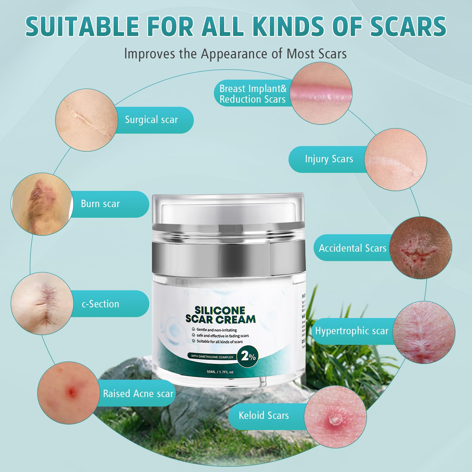 Pumkot silicone scar gel jar highlights ongoing nourishment for scar areas.
