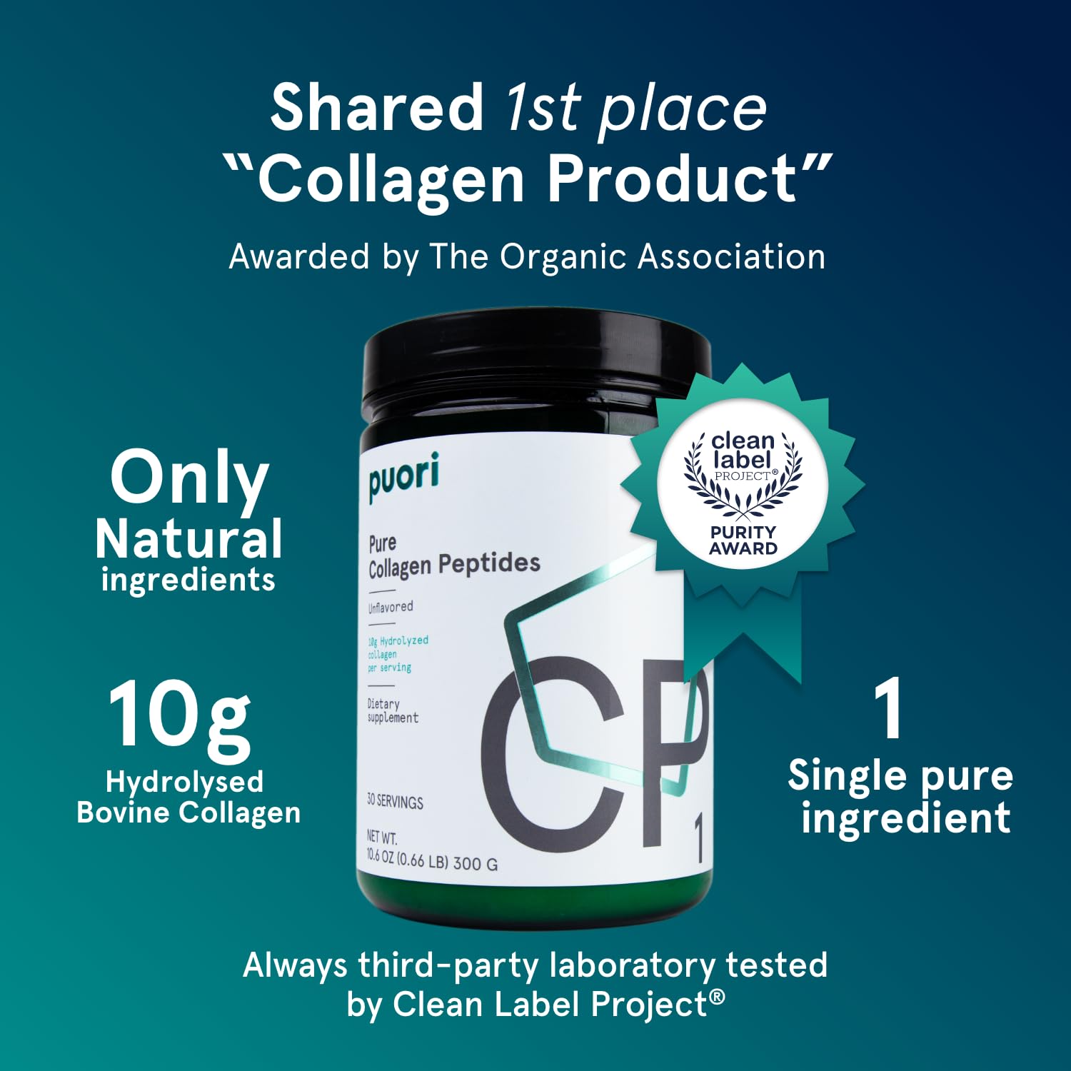 Puori collagen peptides with scoop, convenient daily protein boost for hair and nails.
