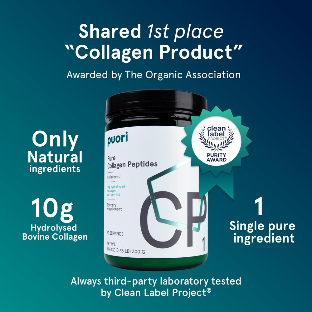 Puori collagen peptides with scoop, convenient daily protein boost for hair and nails.