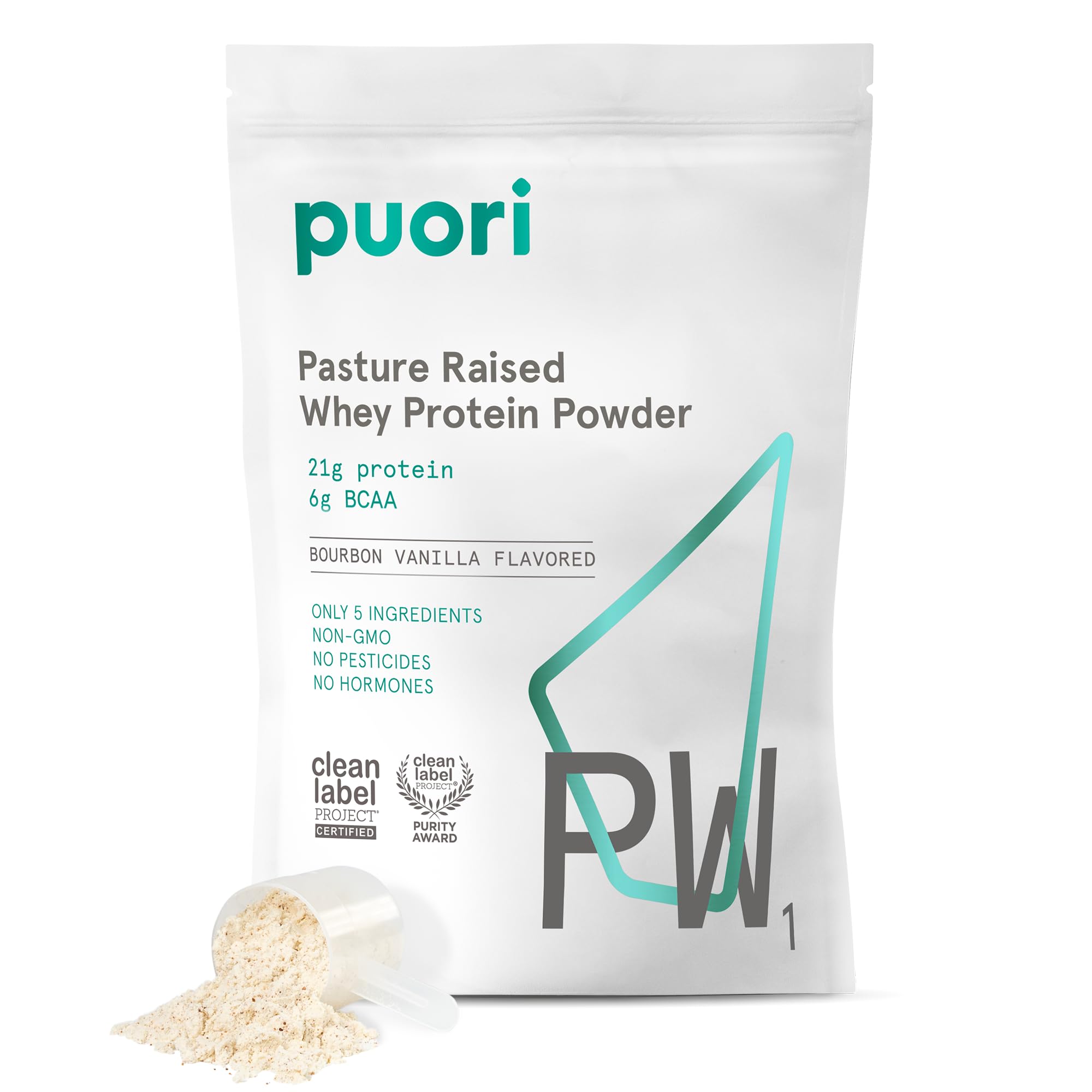 Puori PW1 Bourbon Vanilla bottle shows clean labels for grass-fed protein.