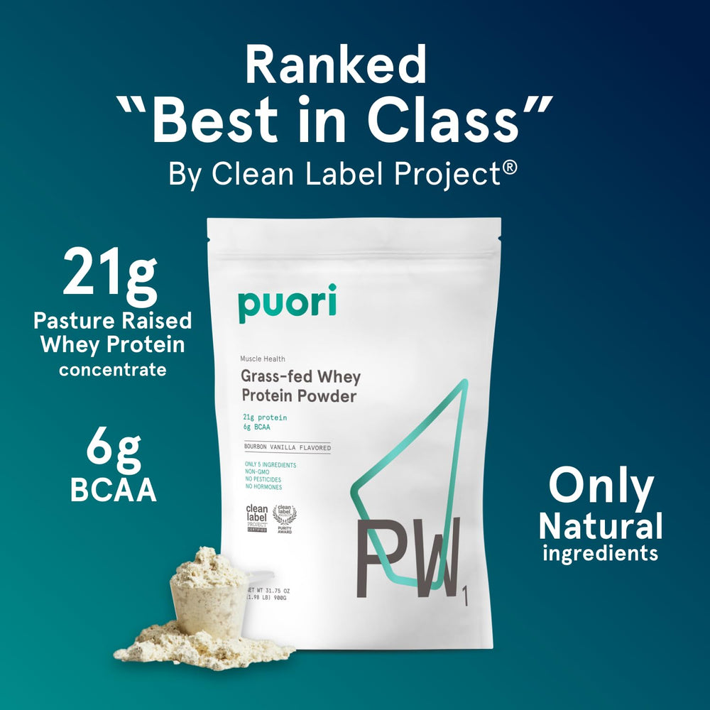 Puori PW1 tub label highlights 21g protein per serving.