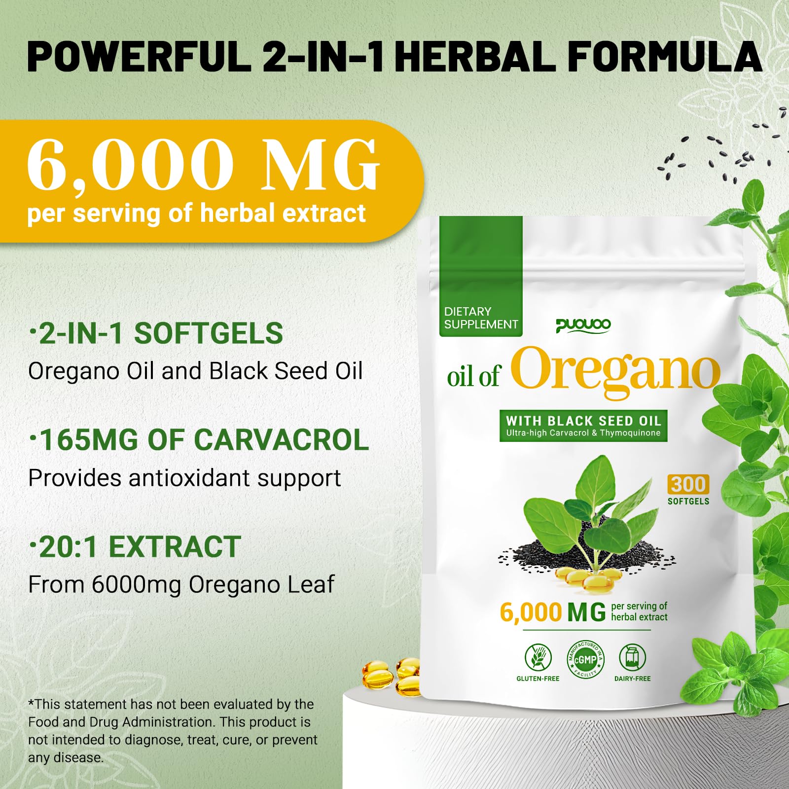 Puouoo oregano oil capsules bottle back label details 20 to 1 extract and quality