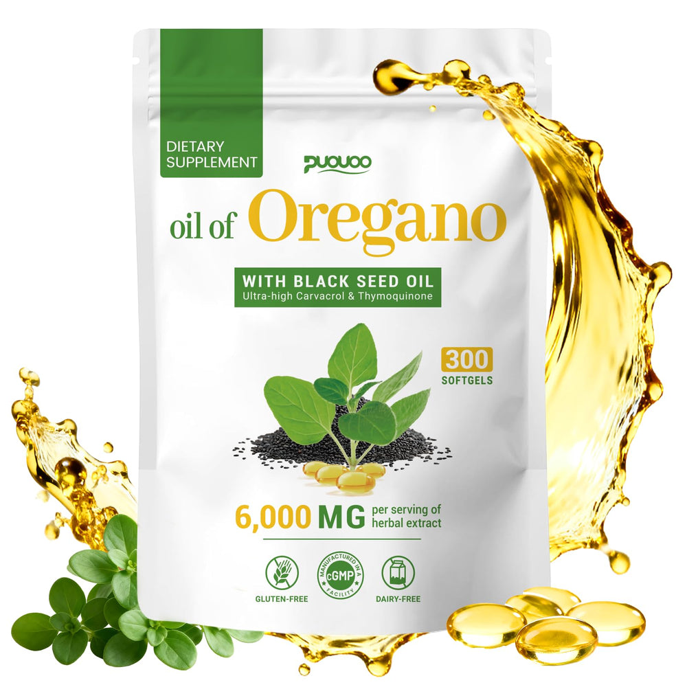 Puouoo oregano oil capsules bottle front view, may support immune health and digestive wellness