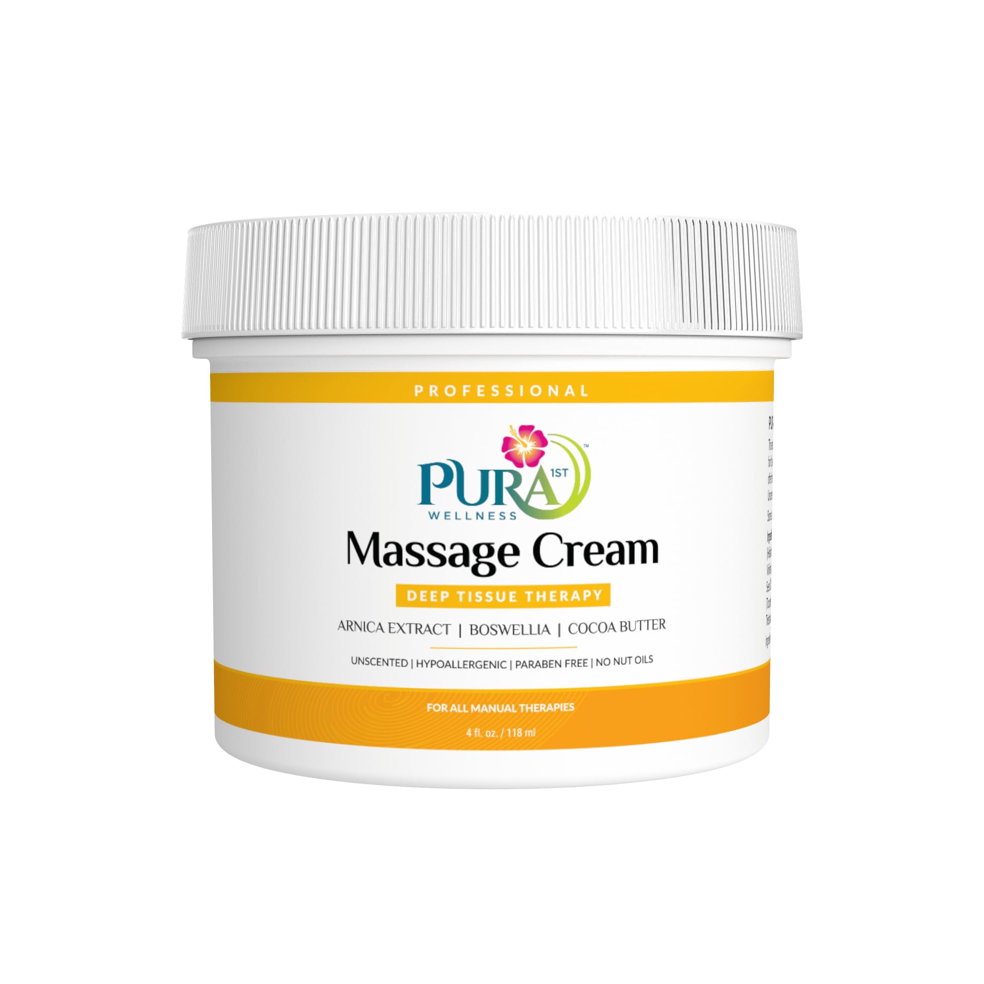PURA 1st Wellness deep tissue cream bottle highlight for unscented therapy sessions