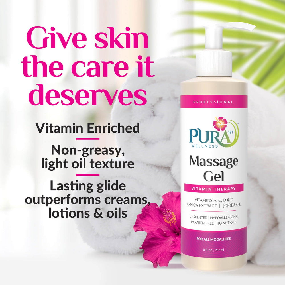 PURA 1st massage gel pump dispenser shown for easy, mess-free application in clinics.