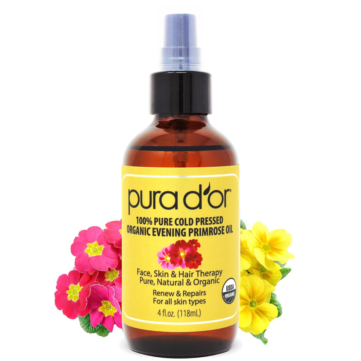 PURA D'OR Evening Primrose Oil bottle shown for daily facial hydration.