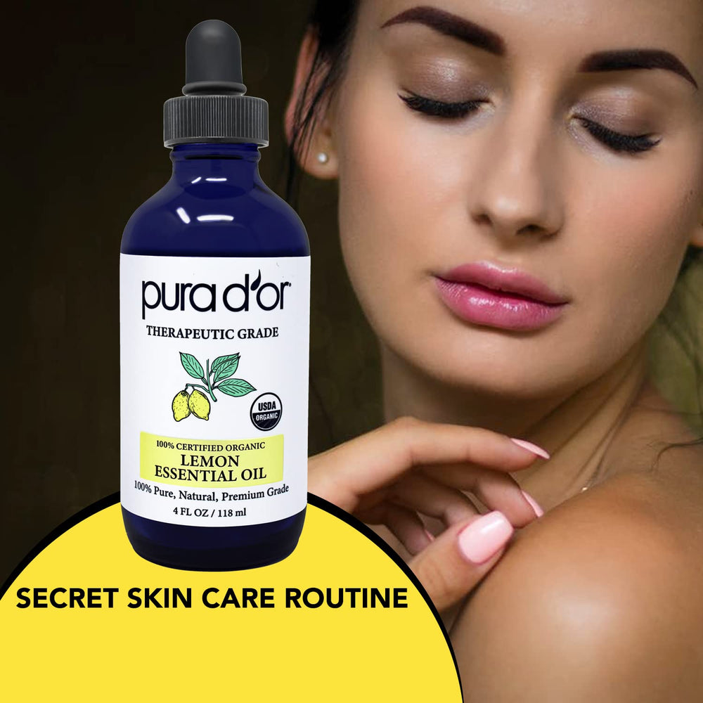 PURA D'OR Lemon Oil suitable for skincare and hair care routine with fragrance.