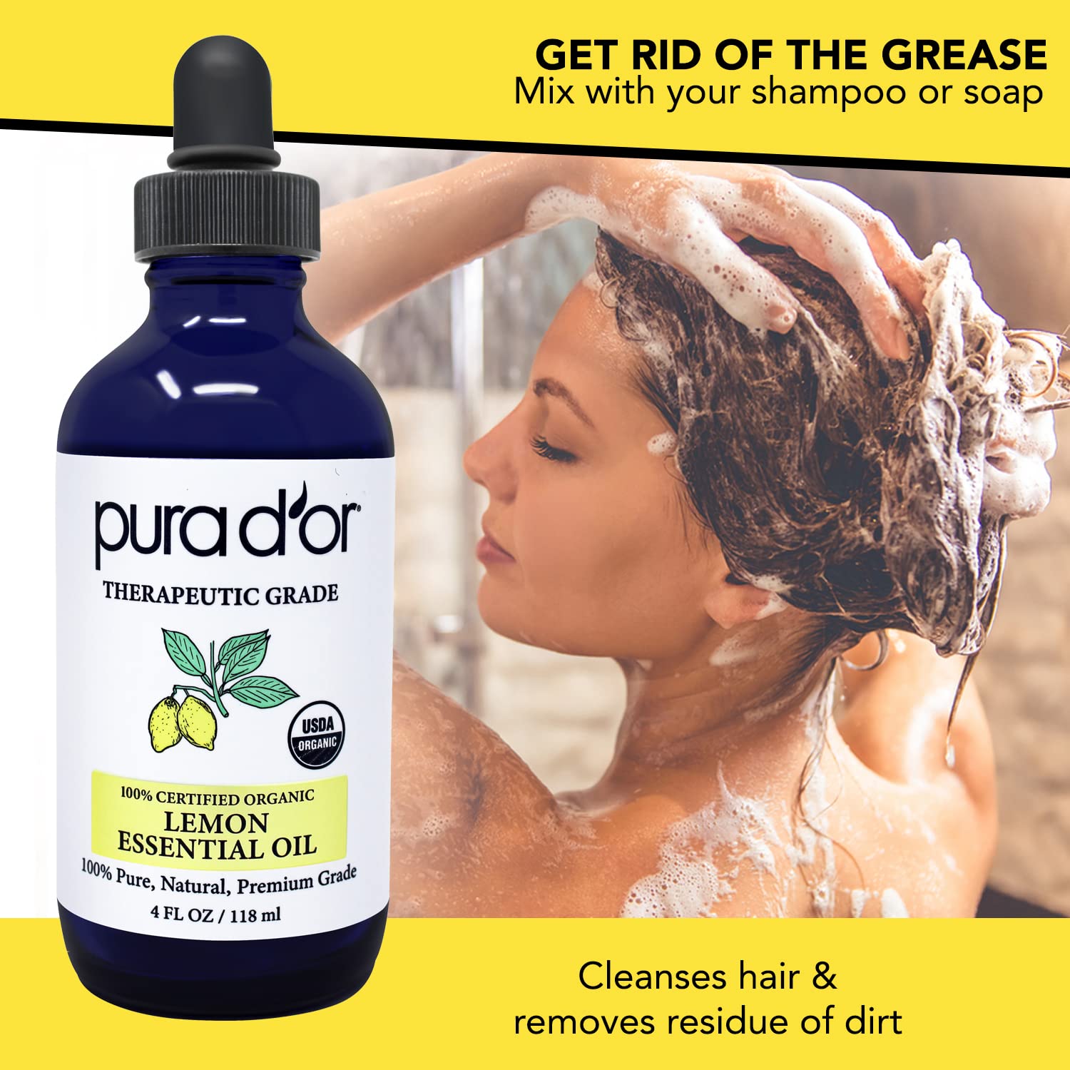PURA D'OR Lemon Oil applied to fabric for stain removal and bright smell.