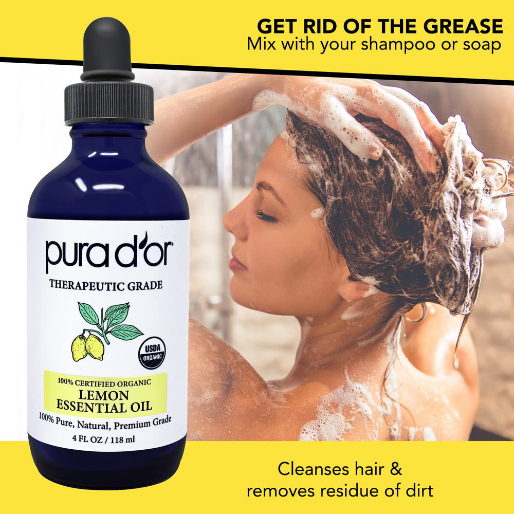 PURA D'OR Lemon Oil applied to fabric for stain removal and bright smell.