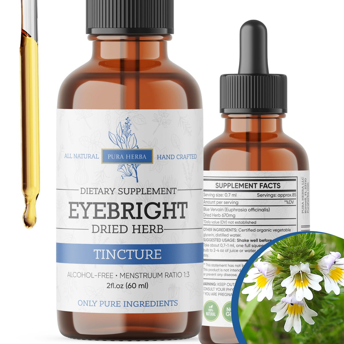 Pura Herba Eyebright bottle pour showcases easy dosing for daily eye health support